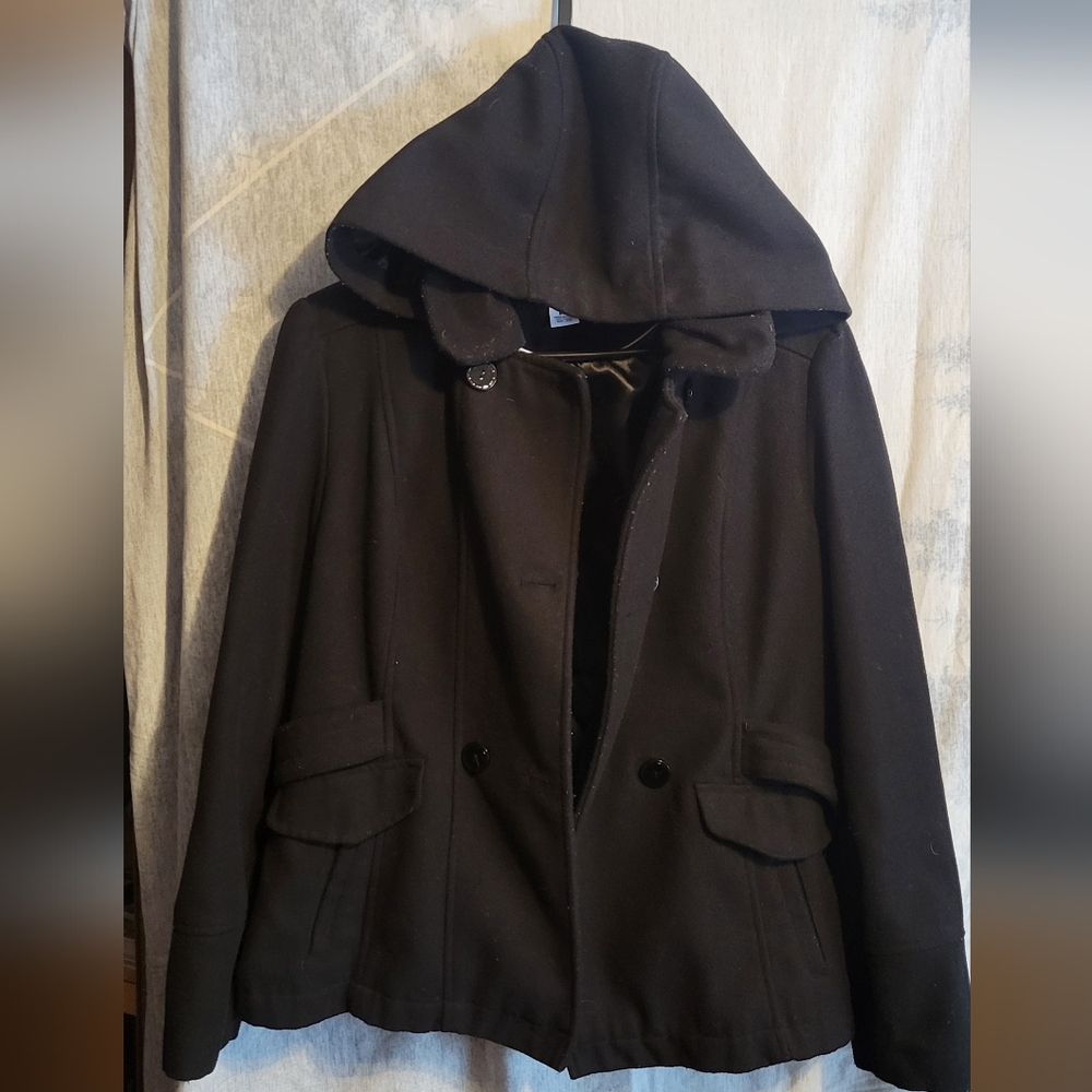 Celebrity Pink Black Hooded Pea Coat
